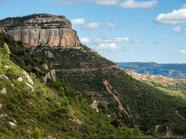 Paisatge del Priorat. Serra Major de Montsant, els cingles del Racó de Missa i el poble de la Morera de Montsant a la distància.