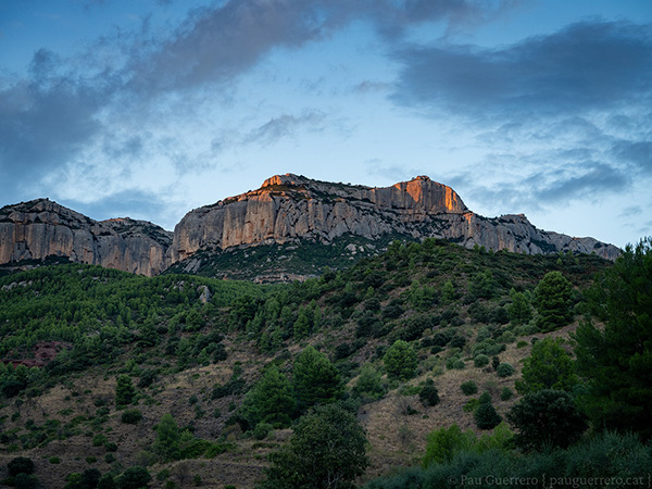 L'últim sol de la tarda il·lumina la part més alta de les cingleres de la Serra Major de Montsant, a Escaladei, Priorat.