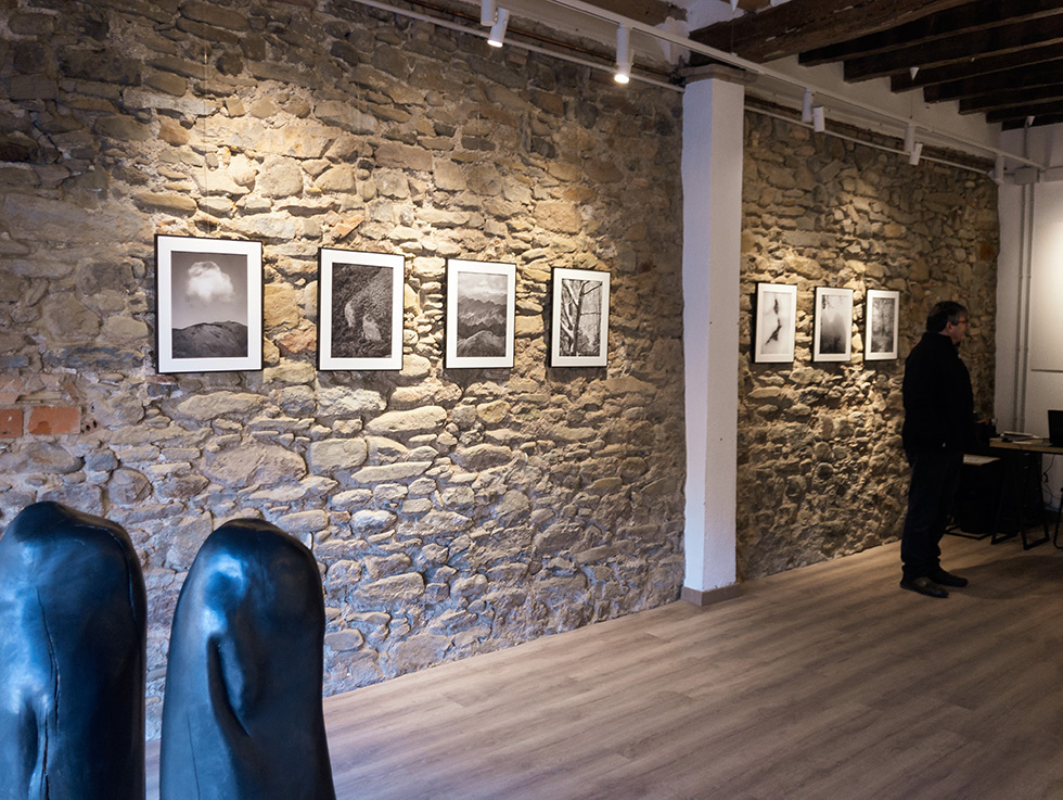 Exposició Muntanyes caminant, fotografies de Pau Guerrero a galeria fotogràfica Tres-e-u de Vic, en primer terme un fragment de les escultures de fusta i grafit de l'Anna Viñas