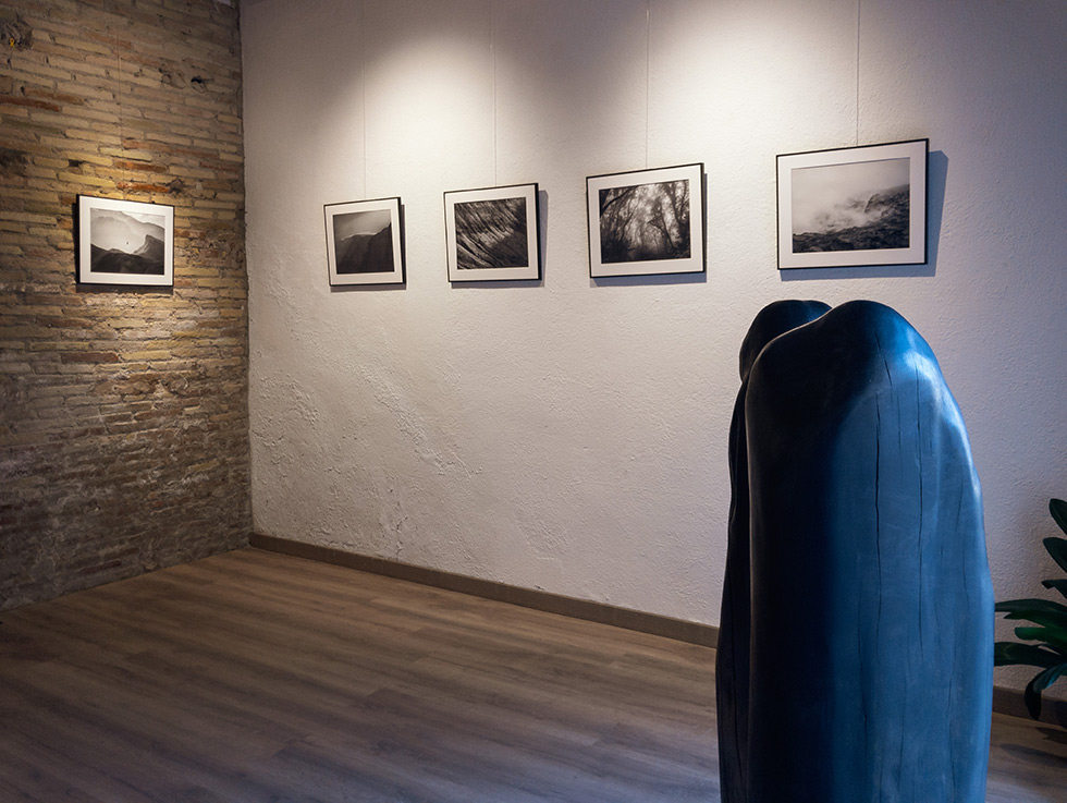 Exposició Muntanyes caminant, fotografies de Pau Guerrero a galeria fotogràfica Tres-e-u de Vic, en primer terme un fragment de les escultures de fusta i grafit de l'Anna Viñas